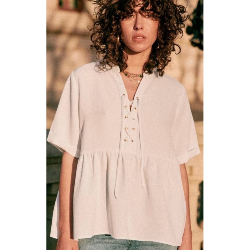 Sezane Thesee Blouse Ivory Size XS Lace Up Peplum